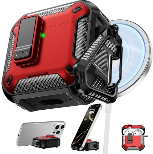 RFUNGUANGO AirPods 4 Case, MagSafe Magnetic Holder 4th Gen, Red | Shockproof earbud case with rear magnetic suction & built-in phone stand for Apple AirPods 4th Generation