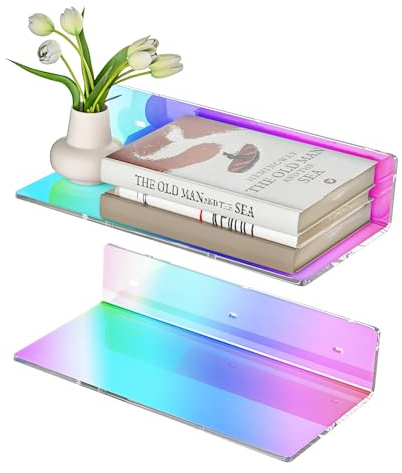 Sezanrpt 12 Inches Iridescent Acrylic Wall Shelves Set of 2, White Floating Shelf, Wall Mounted Shelves for Funko Pop Shelves, Smart Speaker, Plants, Picture Frame, Digital Clock, 2 Pack
