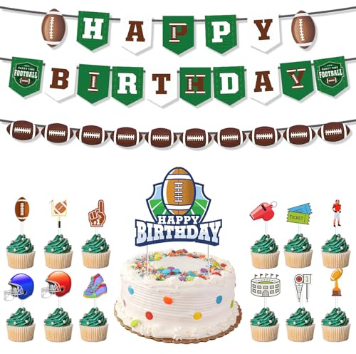15 Stück American Football Tortendeko, con Happy Birthday Banner, Papier | American Rugby Cupcake Topper, für Sportparty und Jungen Geburtstag Theme Party Dekoration