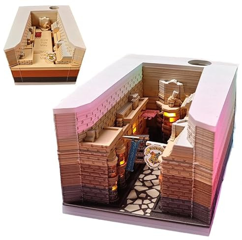 Time Piece Kalender 2026 Diagonal Alley Schreibtisch Kalender Notizblock mit Licht 3D Kunstkalender 2026 Kreative Papier Skulptur Diagon Gasse Abreißen Papier Schnitzkunst Memo Pad Notizblock DIY