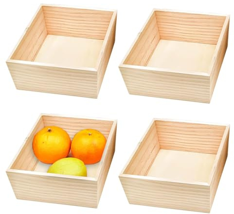 VIQIHEOE Unlackierte Aufbewahrungsboxen aus Holz, 4 Stück Unlackierte Holzboxen für Bastelarbeiten, 15x15x6 cm Craft Rustikale Holzkisten, Kleine Quadratische Holzkiste, für Heimdekor, Pflanzen