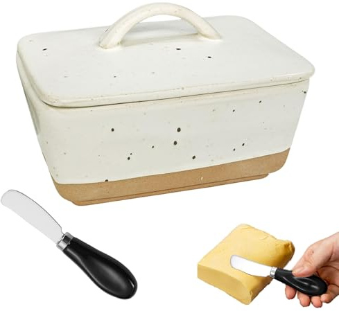 PEEXTBB Butterdose Keramik, 14,5 x 10 x 9,5 cm Butterdosen Porzellan mit Griffdeckel, Butterglocke mit Butterschaber, für Frühstück, Küche und Aufbewahrung, Weiß