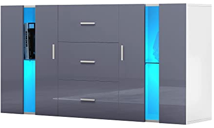 Panana 3 Drawer 2 Door,TV Unit 135 cm Home Furniture Stand Sideboard Matt body High Gloss Front LED Light (Grey)