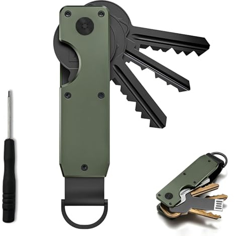 Organisateur de Clés en Métal Compact - Porte-Clés Militaire Vert pour 2 à 6 Clés, Design Minimaliste avec Anneau D, Anti-Rayures et Silencieux pour Homme et Extérieur, Convient pour offrir en cadeau
