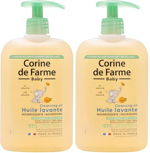 Corine de Farme, Huile Lavante Nourrissante 500ml pour Bébé, Extrait de Calendula, Hypoallergénique, Nettoyage Doux pour Peau Sèche à Très Sèche, Convient aux Cheveux, 97% Ingrédients Naturels