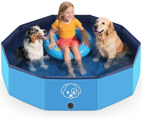 Foldable Dog Pool, Collapsible Hard Plastic Dog Kiddie Swimming Pool, Portable Pet Bath Tub Wading Pools for Kids and Puppy Small Medium Large Dogs (L-47 x 12)