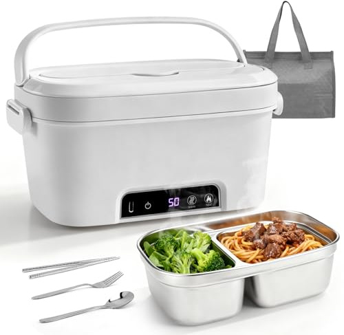 Eirolace Fiambrera eléctrica inalámbrica con Cubiertos y Bolsa, Recargable por USB, Fiambrera a Prueba de Fugas con batería de 15600 mAh, 1,5 L, Cuenco Calefactor para Viajes, Oficina, Picnic