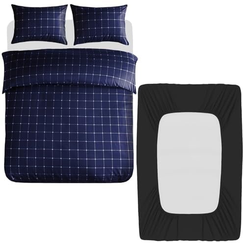 Lazzaro 4 Pcs Double Duvet Set with Matching Black Double Fitted Sheet 40 cm Extra Deep Pocket - UltraSoft Breathable Premium Microfibre Reversible Quilt Cover Bedding Set For All Seasons