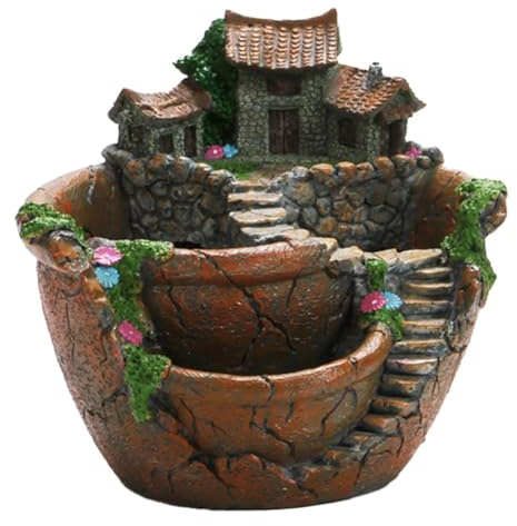 NiuLumea Pot de fleurs en résine avec motif maison 17,5 x 17 x 16 cm, trois compartiments pour plantes grasses et cactus - Trou de drainage - Décoration intérieure ou extérieure