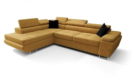 O-Sofa Ecksofa Kongo RBN04, Eckcouch in L-Form mit Schlaffunktion, Farbe: Gelb, Velourstoff, Ottomane Links