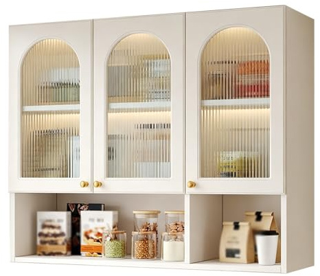 ZLLPIGLS Badezimmerschrank im Cremefarbenen Stil, Hängeschrank Küche mit Gewölbten Glastüren, Hängeschrank Wohnzimmer für Küche, Badezimmer, Wohnzimmer(White,90x32x80CM)