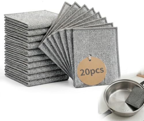 MKtoko 20Pcs Silver Wire Dish Cloths, Non-Scratch Double Layer Metal Cleaning Cloths, Reusable Microfiber Wire Dishwashing Rags for Kitchen Sinks, Pots, Pans, Dishes and Stovetops (20 x 20 cm)