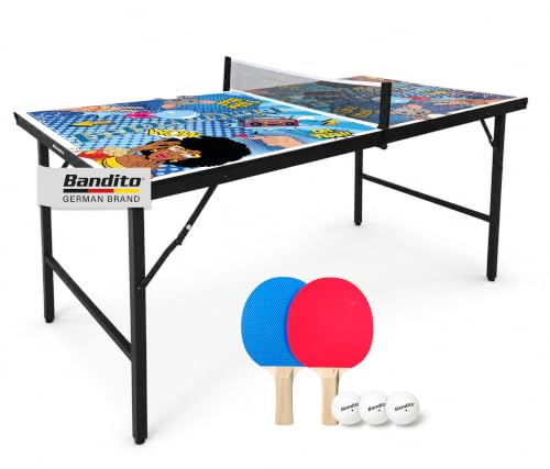 Bandito Tischtennisplatte Compact inkl. 2 Schläger und 3 Bälle im Comic Style – klappbar mit Tragegriff, Tischtennistisch in medium Größe, Kleiner Ping Pong Tisch für Kinder und Erwachsene