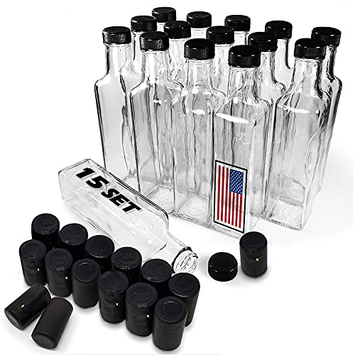 Quadra Flaschen, 15 Sets von Premium handelsübliche Qualität, luftdichter Kunststoff-Schraubdeckel mit Schaumstoff-Einsatz – European Marasca 8.5 oz Flasche (Schwarz, 15 Sets 250 ml)