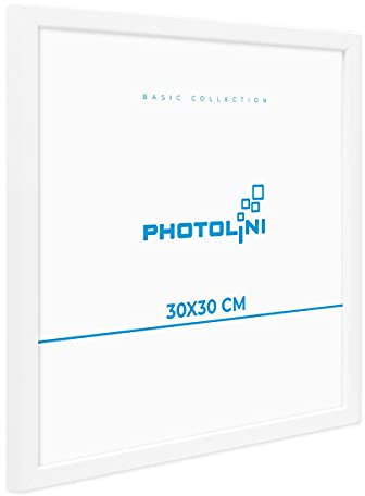 PHOTOLINI Bilderrahmen 30x30 Weiß MDF-Holz Poster-Bilderrahmen quadratisch 30x30, bruchsicheres Acrylglas, zum Aufhängen, extra Zubehör - für Fotos & Poster