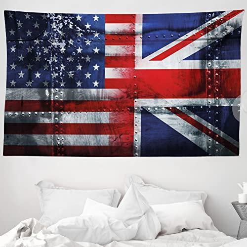 ABAKUHAUS Union Jack Wandteppich und Tagesdecke, Allianz UK und USA aus Weiches Mikrofaser Stoff Waschbar ohne Verblassen Digitaldruck, 230 x 140 cm, Weiß Blau