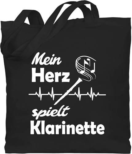Baumwolltasche - Musik Instrument Zubehör - Mein Herz spielt Klarinette - Unisize - Schwarz - geschenkidee musiker instrumente noten stoffbeutel geschenke musikinstrumente herzschlag baumwolle