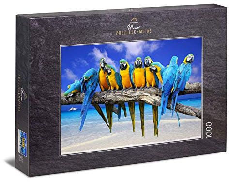 Ulmer Puzzleschmiede - Puzzle „Ausflug ans Meer“– Klassisches 1000 Teile Puzzle – Papagei-Motiv vor traumhaftem Südsee- und Karibik-Strand