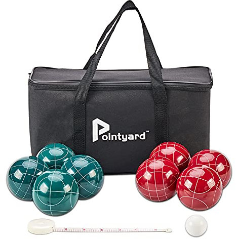 Pointyard Lot de boules de pétanque classiques de 90 mm avec 8 boules en résine, 1 sac en pallino/nylon à fermeture éclair, ruban à mesurer, jeux familiaux d'extérieur pour jardin, pelouse, plage