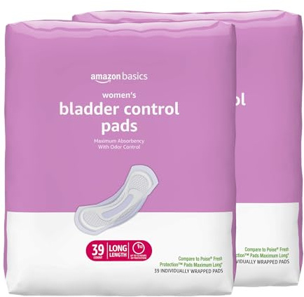 Amazon Basics Incontinence Pads for Women, Postpartum, Long, Maximum Absorbency, Bladder Control, Unscented, 78 Count (2 Packs of 39)