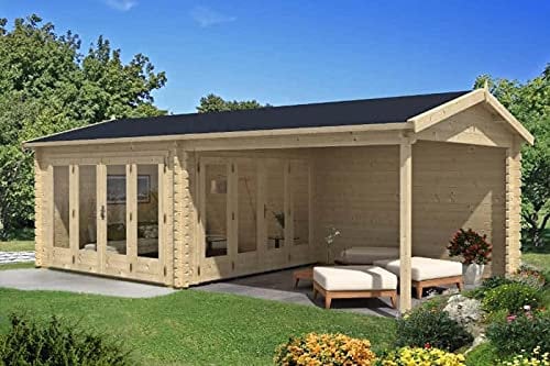 Alpholz Abri de jardin Freiburg-44 en bois massif, maison de loisirs, cabane en rondins de 44 mm d'épaisseur, abri de jardin, terrasse, auvent, coin salon, dimensions : 755 x 399 cm avec 2 portes