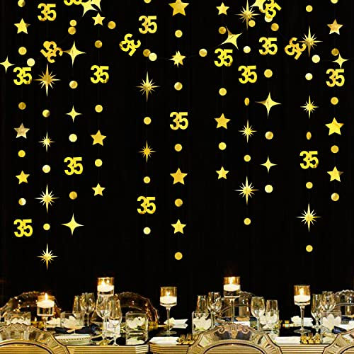 Rose Gold 35th Birthday Decorations Number 35 Circle Dot Twinkle Star Garland Metallic Hanging Streamer Bunting Banner Backdrop for Womens Thirty Five Year Old Birthday 35th Anniversary Party Supplies