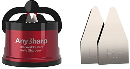 AnySharp Pro Aiguiseur Couteaux (Métal) avec Ventouse, Rouge & Outils de remplacement de l'affûteur de couteau à ventouse Argent Taille Unique