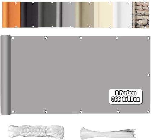 WEALSFUN Balkon Sichtschutz Balkonabdeckung (390Größen & 8 Farben) Balkonverkleidung Ohne Bohren blickdichte Wind UV-Schutz mit Ösen Kabelbinder Kordel,90X300CM Hellgrau