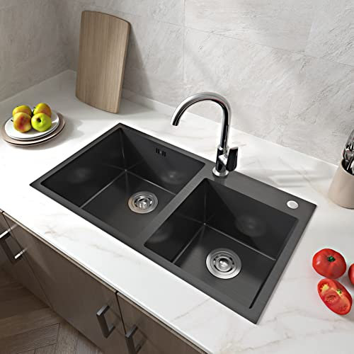 AICA Évier de Cuisine 78x43x20cm évier cuisine 2 bacs noirs en Inox livré avec 2 siphons en Inox modèle A7B2