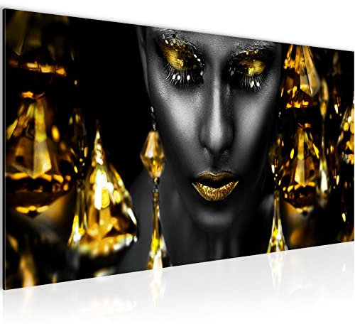 Runa Art Wandbild Frau Gesicht Lippen 1 Teilig 100 x 40 cm Modern Bild auf Vlies Leinwand Kosmetik Fashion Wohnzimmer Schlafzimmer Schwarz Gold 042112c