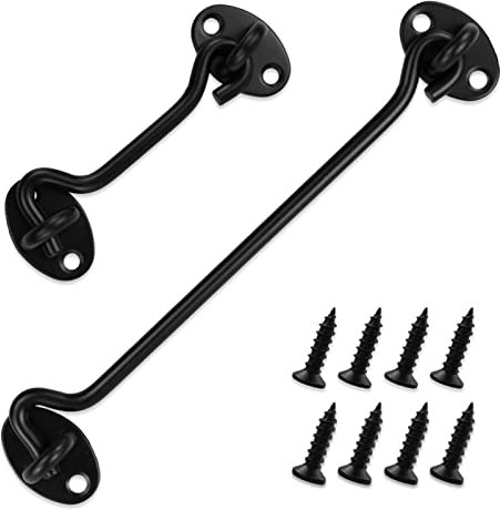 2PCS Hook and Eye Latch Barn Door Latch, Heavy Duty Solid Thicken Stainless Steel Gate Latch, Cabin Easy Lock Hooks and Eye Latch (100mm /4''+200mm/8'', Black)