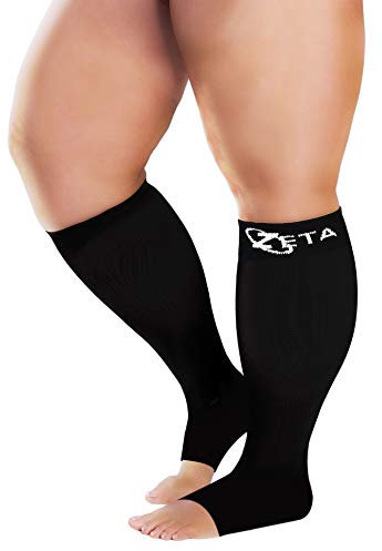 Zeta Wear Kompressionsstrümpfe dicke Waden, Kurze Länge, bequeme unterstützung, verhindert Schwellungen, Schmerzen, Ödeme, DVT, große Manschetten, Den mit offener Spitze (3XL, Schwarz)