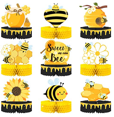 NICROLANDEE Bienen Party Dekorationen – 9 Stück 3D Bienen Geburtstags Waben Mittelstücke, Tischdekorationen für Kinder, Bienentag, Motto-Party, Mama zu Biene, Dusche, Babyparty, erster Geburtstag