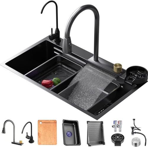 304 Fregadero De Cocina De Acero Inoxidable Fregadero Negro De Un Solo Tazón Lavabo Multifuncional De RV Doméstico con Grifo Y Lavavasos Tipo De Inserción O Montaje (Color : Nero, S : 68x46x22cm)