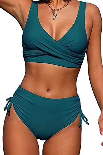 CheChury Damen Bikini Set Cross Back Badeanzüge Einfarbig Bademode Kordelzug Side Bikini Sexy Crossover Oberteil Triangel Bikinihose Hoher Taille Gepolstert Strandbikini Zweiteiliger