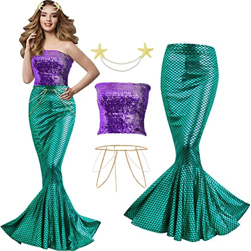 Newcotte 4 Stück Meerjungfrau Kostüm für Frauen Pailletten Schwanz Rock Pailletten Meerjungfrau Tube Top Perle Taille Kette Kopfkette für Halloween Cosplay, S