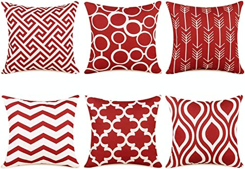 TIDWIACE 6er Set Dekorative Kissenbezüge Rot Leinen Kissenbezug 50x50 cm - Geometrischen Mustern Kissenhüllen für den Außenbereich Terrasse Garten Bank Wohnzimmer Sofa Dekor Zierkissenbezüge
