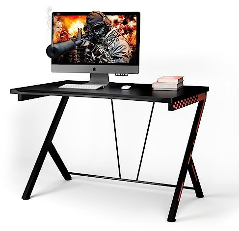 COSTWAY Bureau Gaming 116 x 75 cm, Bureau Gamer avec Cadre en Métal en Forme de R, Bureau de Jeu d'Ordinateur Informatique Ergonomique, pour Travailler et Étudier, Noir