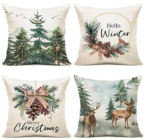 YCOLL Kissenbezug 50x50 4er Set Kissenbezug Weihnachten Kissenbezüge Dekokissen Leinen Kissenhüllen für Deko Weihnachten Sofa Schlafzimmer Couch 50x50 cm