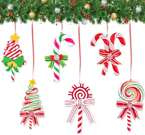 Weihnachten Lollipop Ornaments, 6 Stück Bunt Weihnachten Zuckerstangen Hängen Dekor für Weihnachtsbaum Dekorationen, Polymer Clay Anhänger Ornamente Weihnachtsdeko für Winterfeier