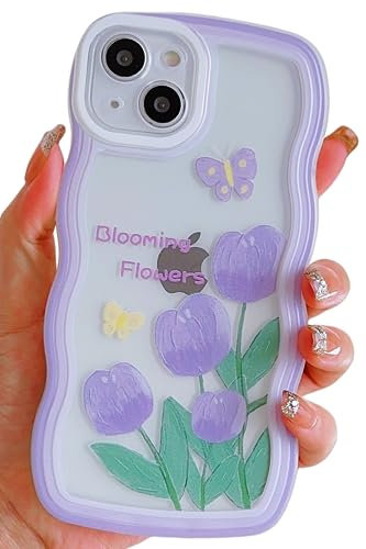 UICEAM Compatible with iPhone 7 Plus/8 Plus Case Clear with Floral Butterfly Design for Women Girls,Aesthetic Cute Wavy Flowers Shockproof Phone Cover for 7plus/8plus (Tulip/Purple)