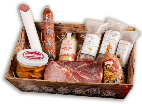 WURSTBARON® Geschenkkorb Weihnachten Gaumenfreuden mit Serrano Schinken, Gewürzen, Salamis, Chutney und Senf, Präsentkorb mit herzhaften Inhalten, Geschenkbox für Weihnachten