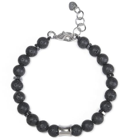 Bishilin Armband für Männer, Herren Armbänder Perlen Verstellbar 8MM Schwarz Lavagestein mit Karabinerverschluss Perlenarmband Chakra Personalisiert