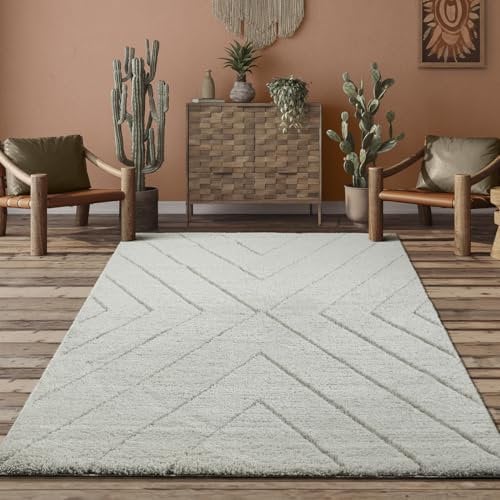 the carpet Bahar Shaggy eleganter Designer Teppich Wohnzimmer, weicher & pflegeleichter Hochflor Wohnzimmerteppich in Creme-Raute 80 x 150 cm
