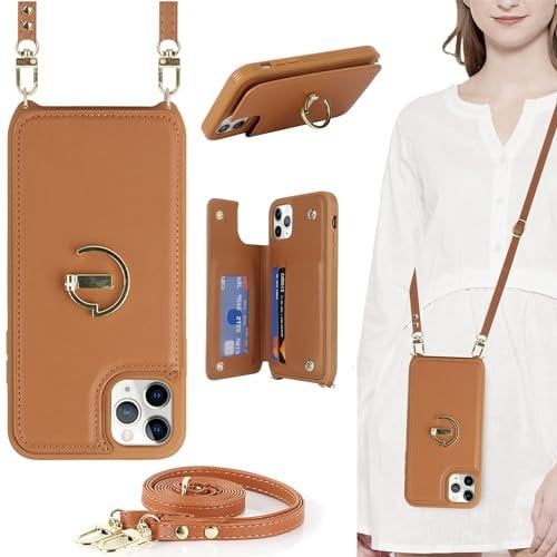 ELTEKER for iPhone 12/12 Pro Phone Case with Card Holder and Strap,PU Leather Wallet Case Flip Cover with Crossbody Lanyard Strap for iPhone 12/12 Pro (6.1 Inch) - Brown