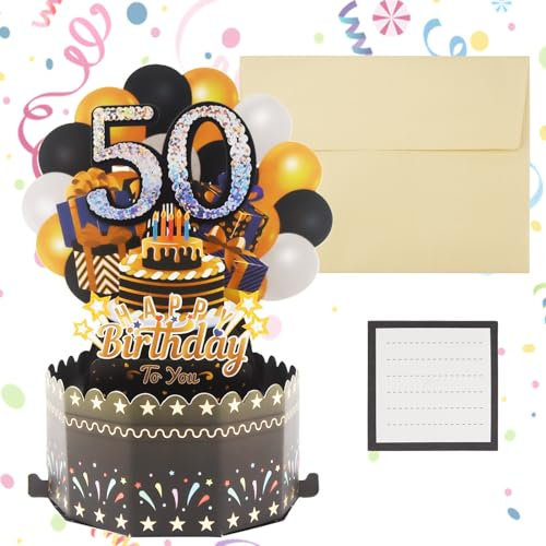 Mumjooyi Geburtstagskarte zum 50. Pop Up Grußkarten 3D Popup Karten Glückwunschkarte mit Umschlag Schwarze Gold Grußkarte 50er Geburtstag für Mütter Frauen Männer Happy Birthday Karte