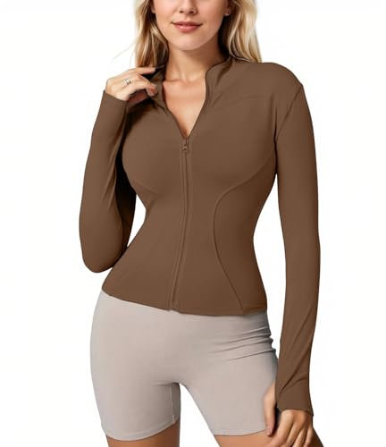Memoryee Sportshirt Damen Langarm Gym Sport Top Oberteile Activewear Fitness Yoga Trainingsjacke Laufshirt Enge Sportjacke mit Reißverschluss und Daumenloch B-Braun1 XS