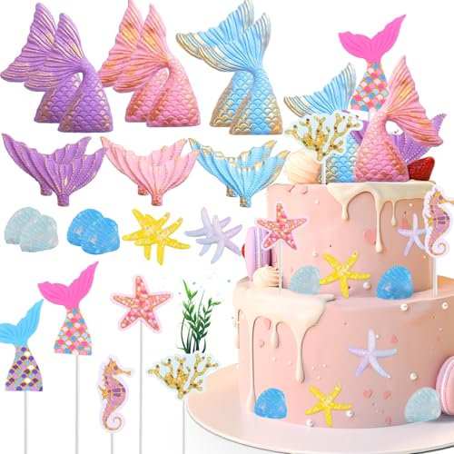 Carreuty 25 PCS Mermaid Cake Toppers, Multi-colour, Plastic, 17 x 6.8 cm, 28 Pieces, Mermaid Tail Decorations for Cake, Parties, Theme Weddings, Birthdays, Children's Day