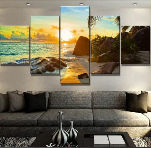 Impression Sur Toile Cinq Tableaux Consécutifs Décoration De Maison Moderne Peinture 5 Panneaux Abstraits Modulaire Poster Paysage De Plage Au Coucher Du Soleil 150 X 100 Cm / 59,05 X 39,37-3W2Q/I5Z5