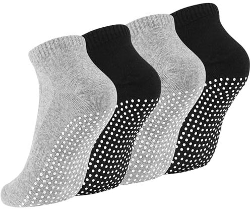 Newofview 4 Paar Stoppersocken für Damen Herren, Yoga Socken Antirutschsocken Rutschfeste Socken Grip Socken für Ballett, Pilates, Krankenhaus, Fitness(Schwarz,Hellgrau)